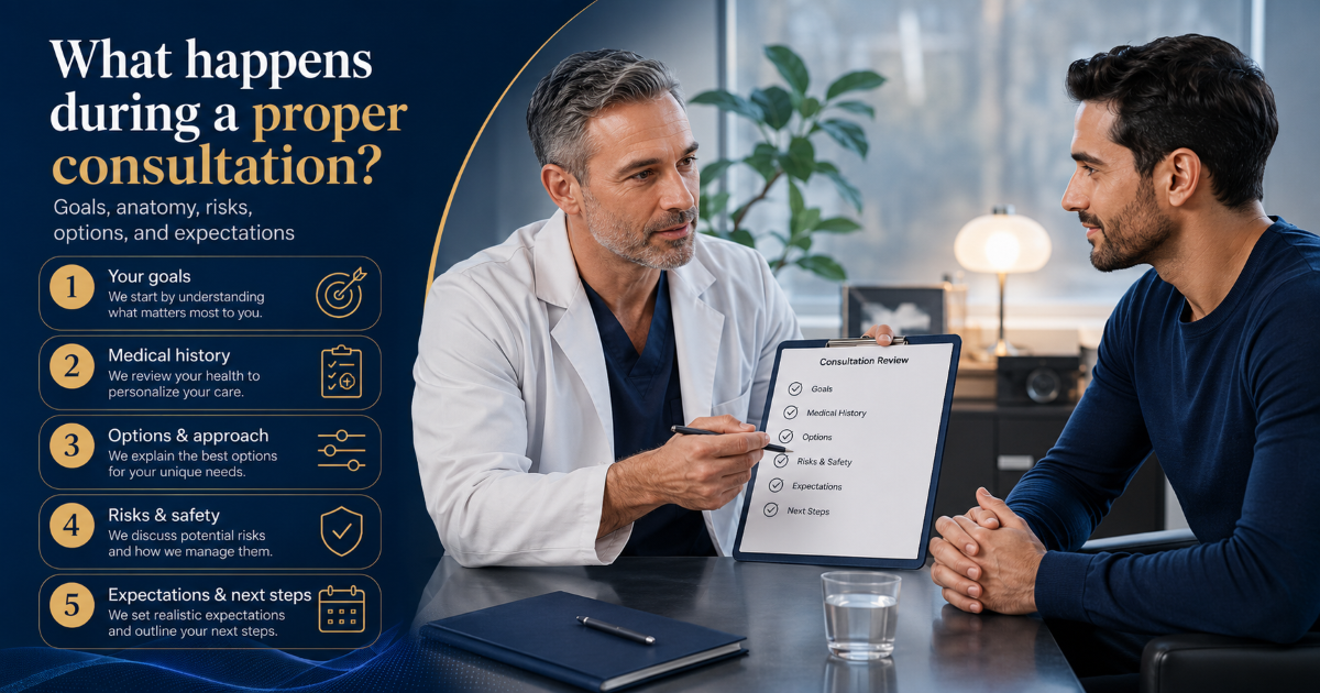 What happens during a proper penile lengthening consultation