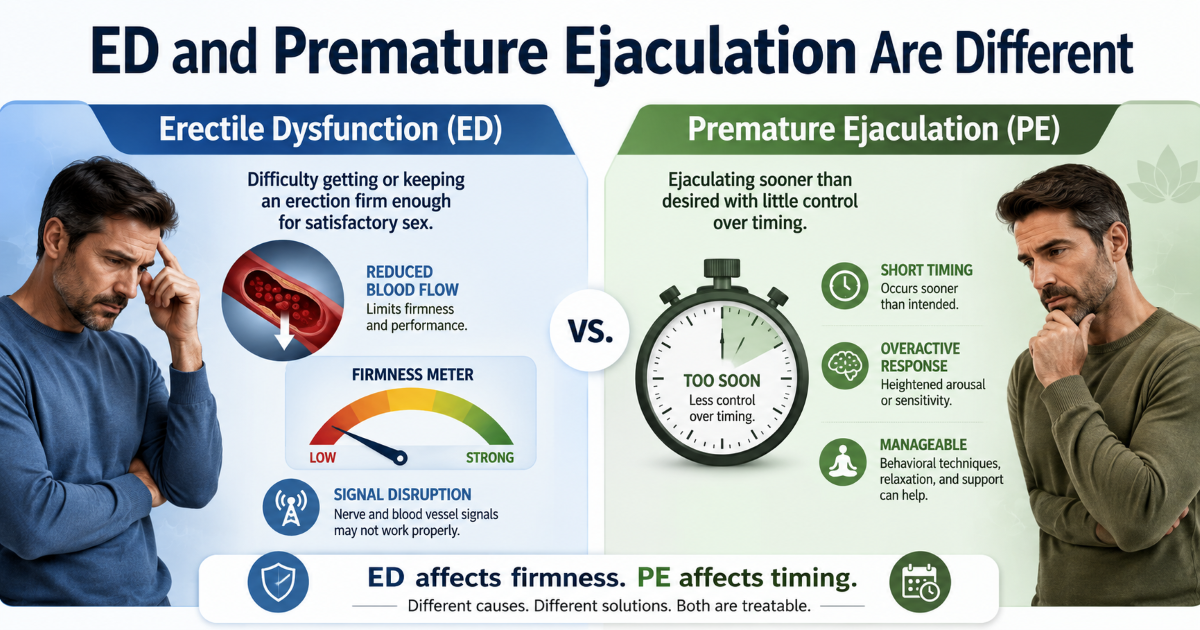 Erectile dysfunction and premature ejaculation can overlap but are different conditions