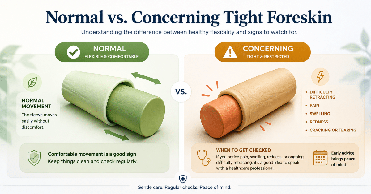 Normal tight foreskin versus concerning phimosis including age pain scarring urination and paraphimosis warning signs