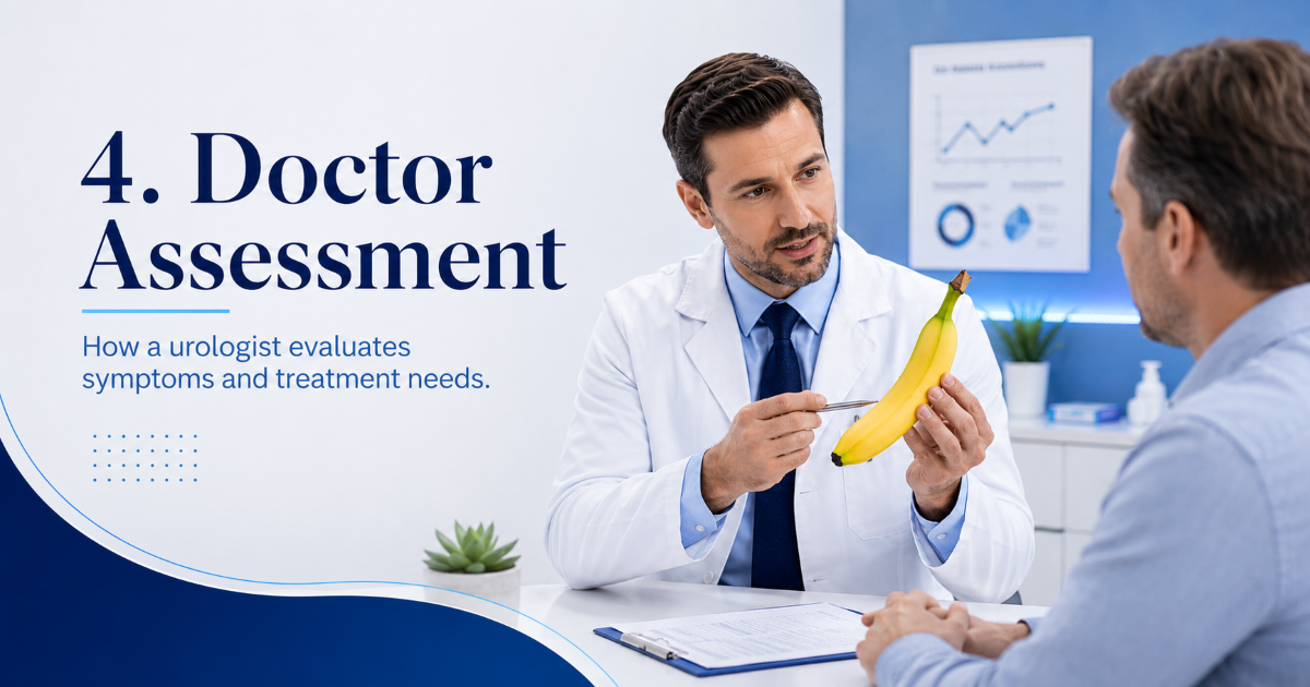 Doctor assessment for phimosis including symptoms, scarring, infection risk, and treatment planning
