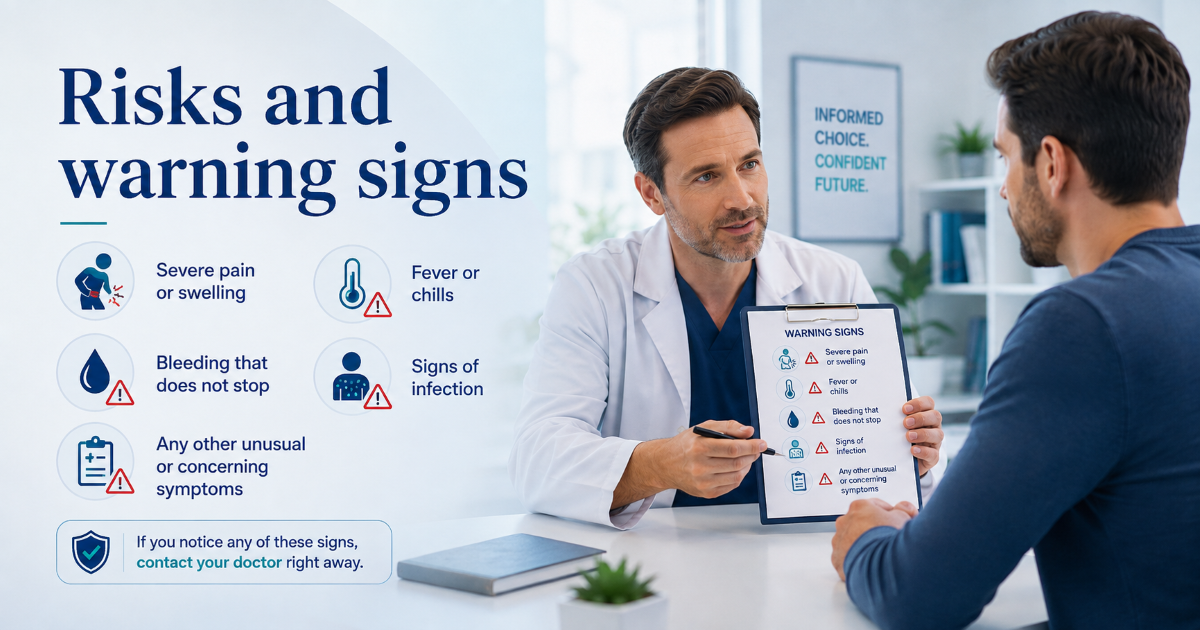 Vasectomy risks side effects warning signs infection swelling bleeding pain and semen test follow-up