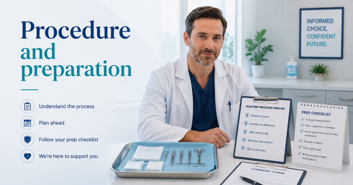Vasectomy procedure steps including consultation local anesthesia vas deferens interruption and recovery instructions