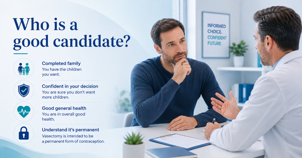Vasectomy candidacy including permanent family planning future fertility medical history and STI considerations