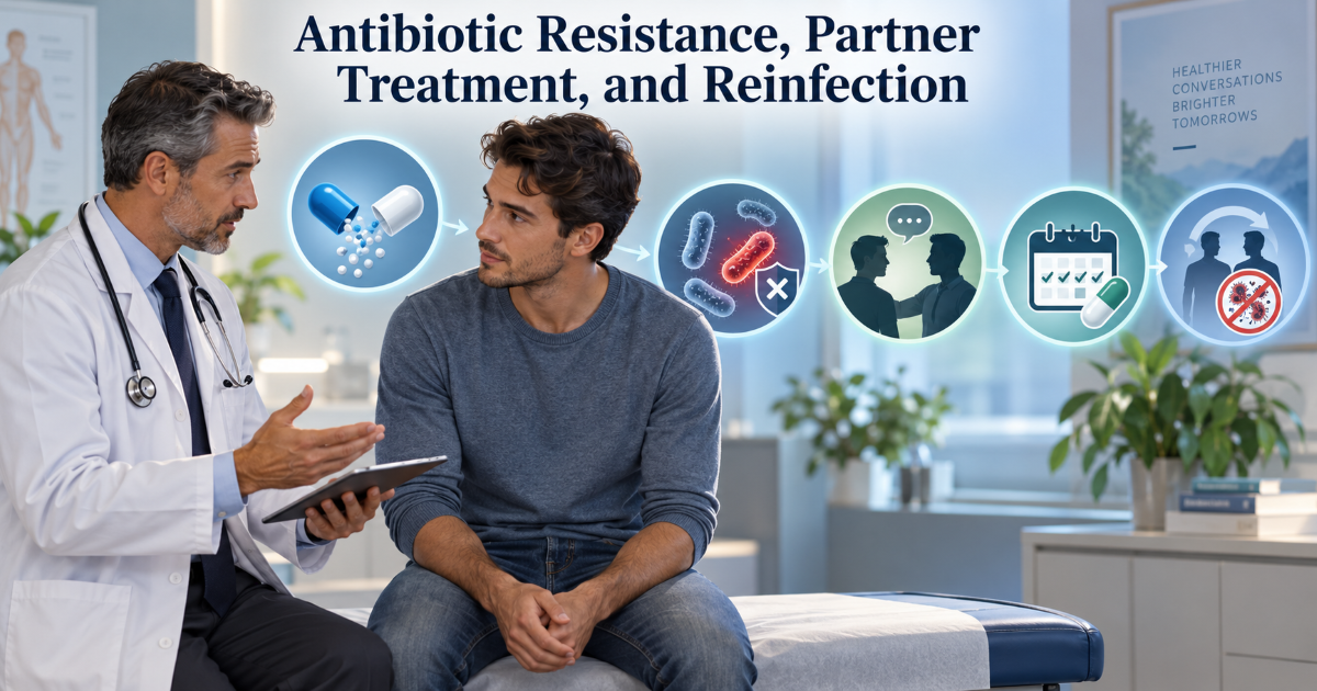 Medical concept image showing antibiotic resistance partner treatment and reinfection prevention in gonorrhea care
