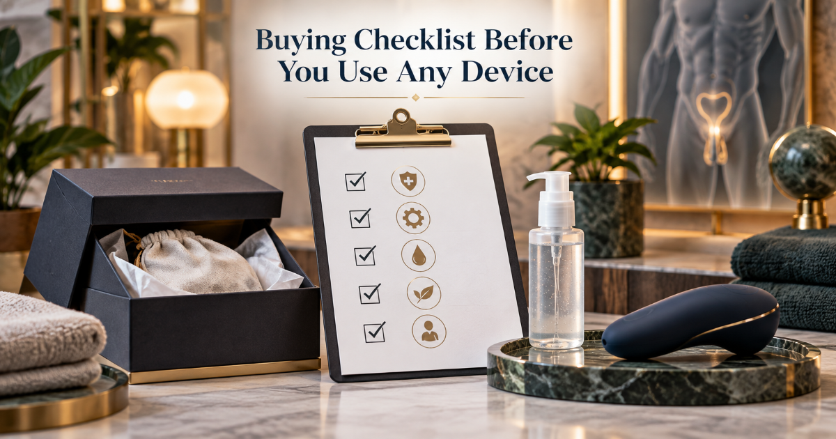 Buying checklist for adult sexual wellness devices including material label cleaning instructions surface quality size and return policy