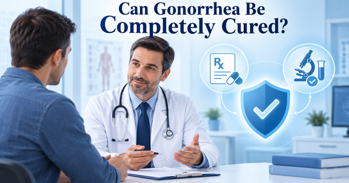 Doctor explaining gonorrhea treatment with antibiotics testing partner care and follow-up steps