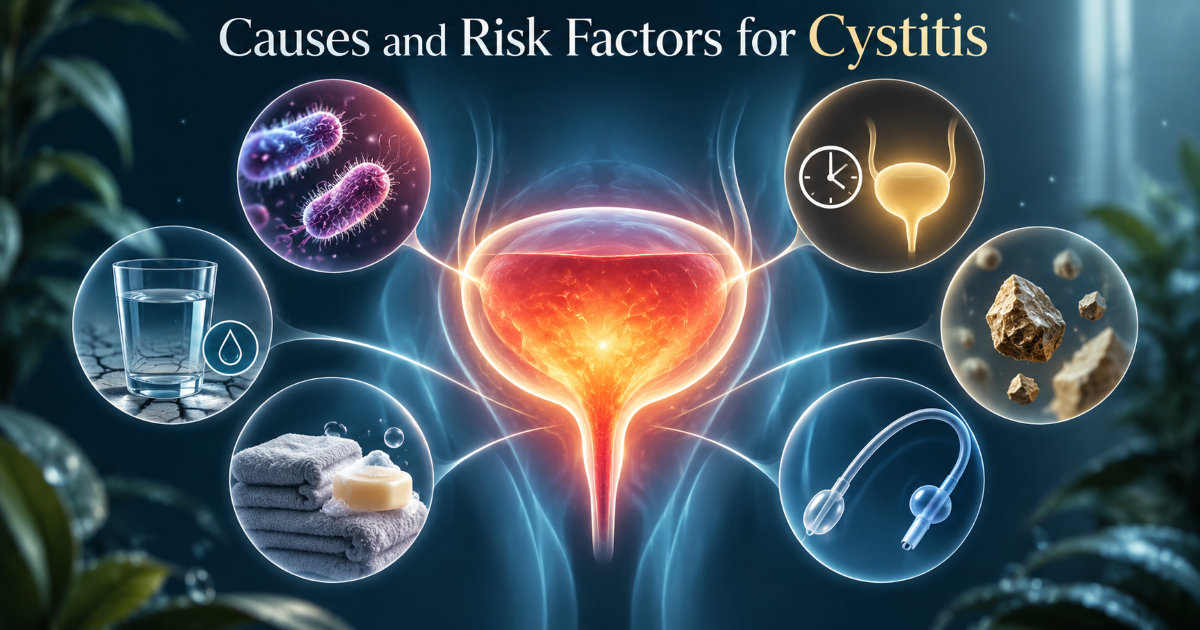 Common cystitis causes and risk factors including bacteria hygiene urinary retention and prostate enlargement