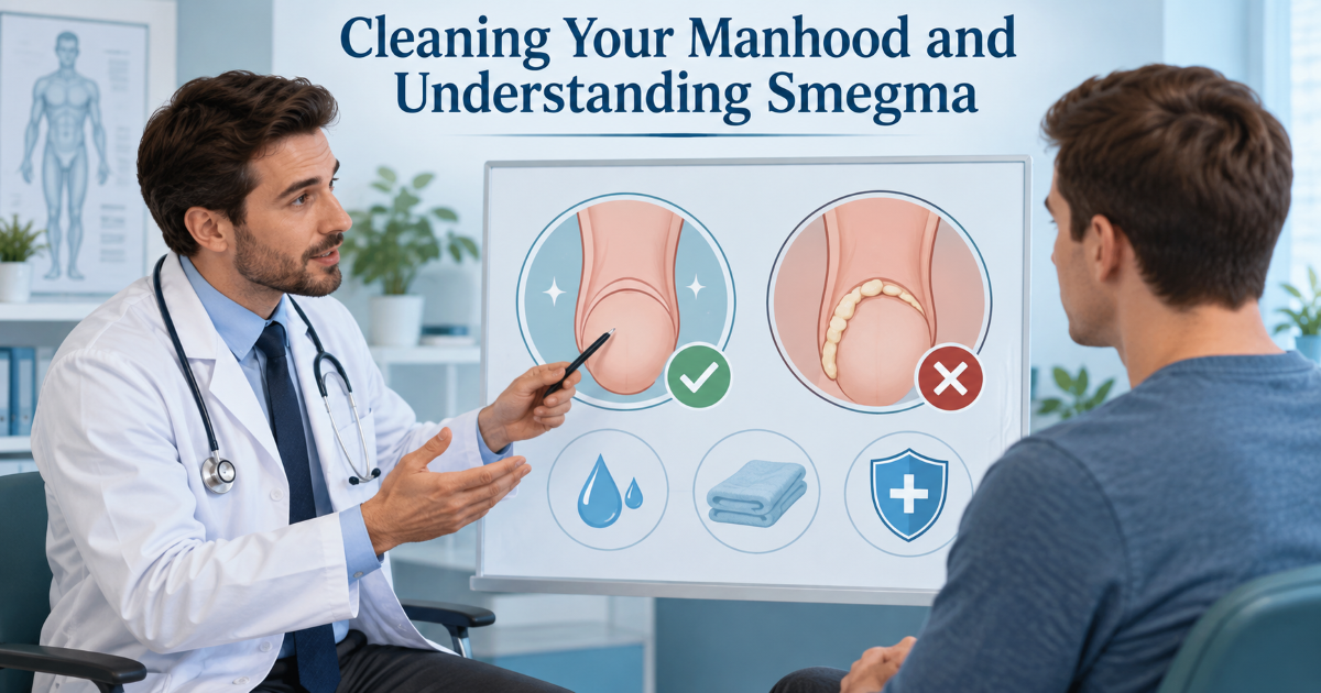 Penis hygiene guide showing why cleaning the male genital area and foreskin matters