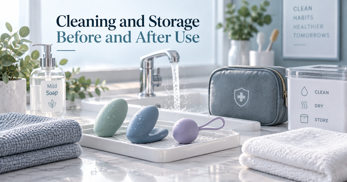 Cleaning and storage routine for sexual wellness devices before and after use with washing drying and separate storage