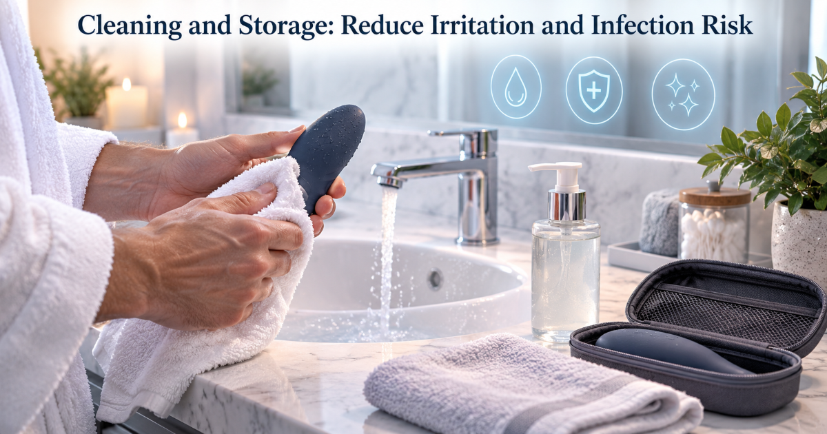 Cleaning and storage routine for sexual wellness devices with soap water drying and separate storage pouch