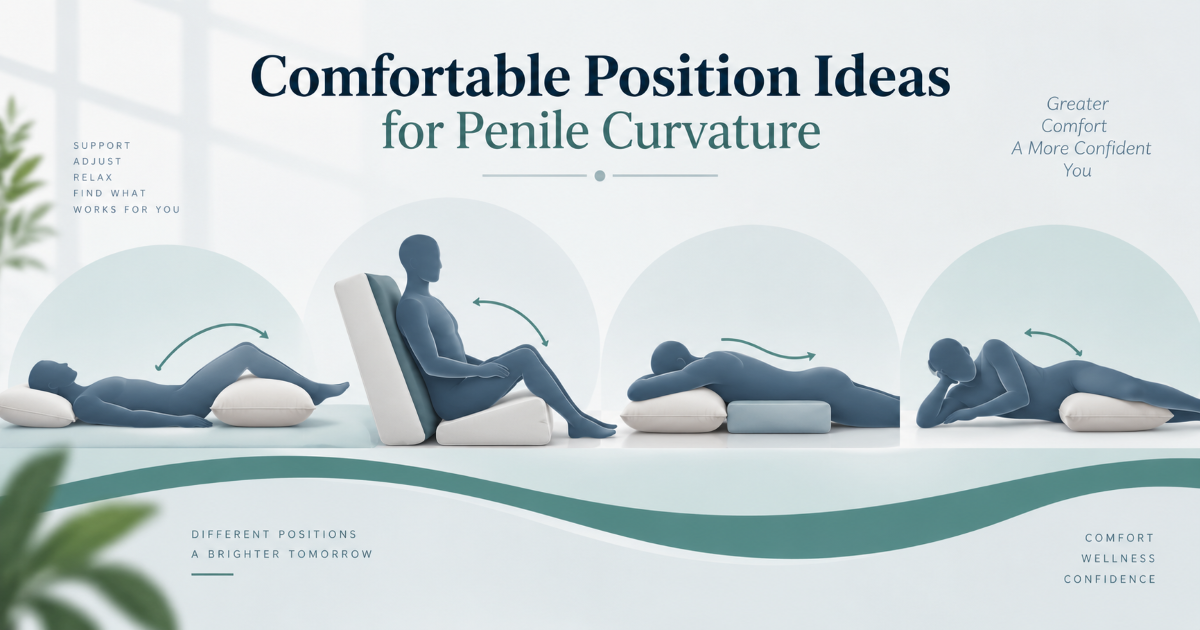 Abstract medical guide showing side lying partner on top and modified intimacy positions for penile curvature comfort