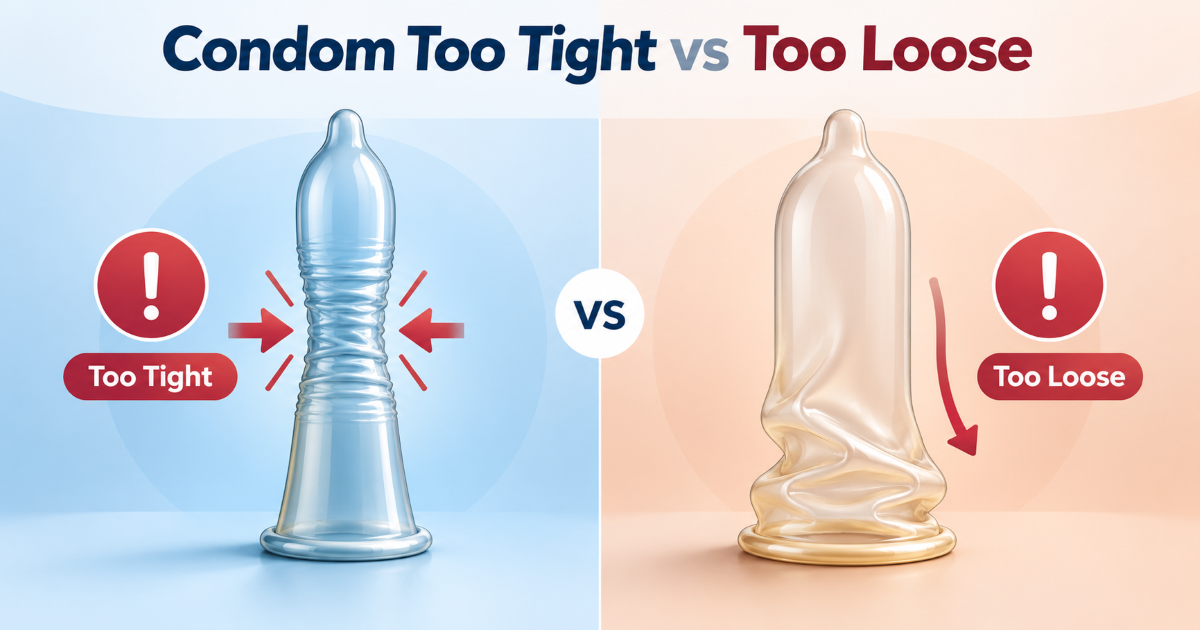 Side by side visual of condom too tight versus too loose fit problems
