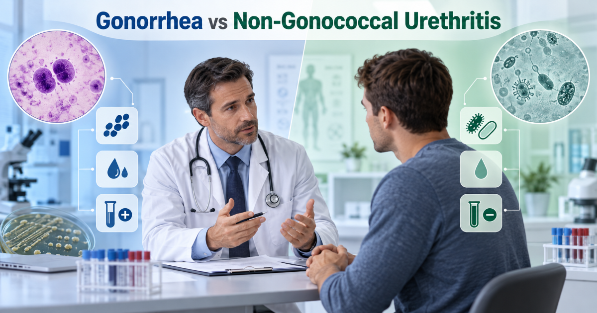 Comparison visual of gonorrhea and non-gonococcal urethritis showing different bacteria symptoms and testing needs