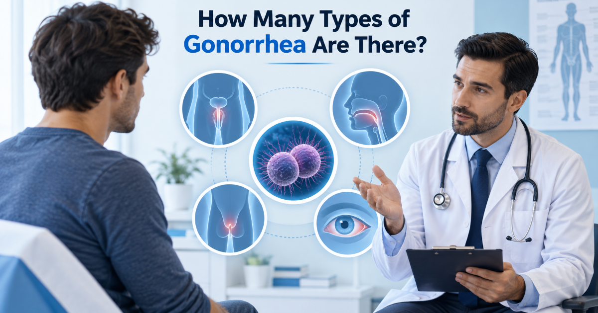 Diagram showing gonorrhea infection sites including urethral rectal throat eye and disseminated gonococcal infection