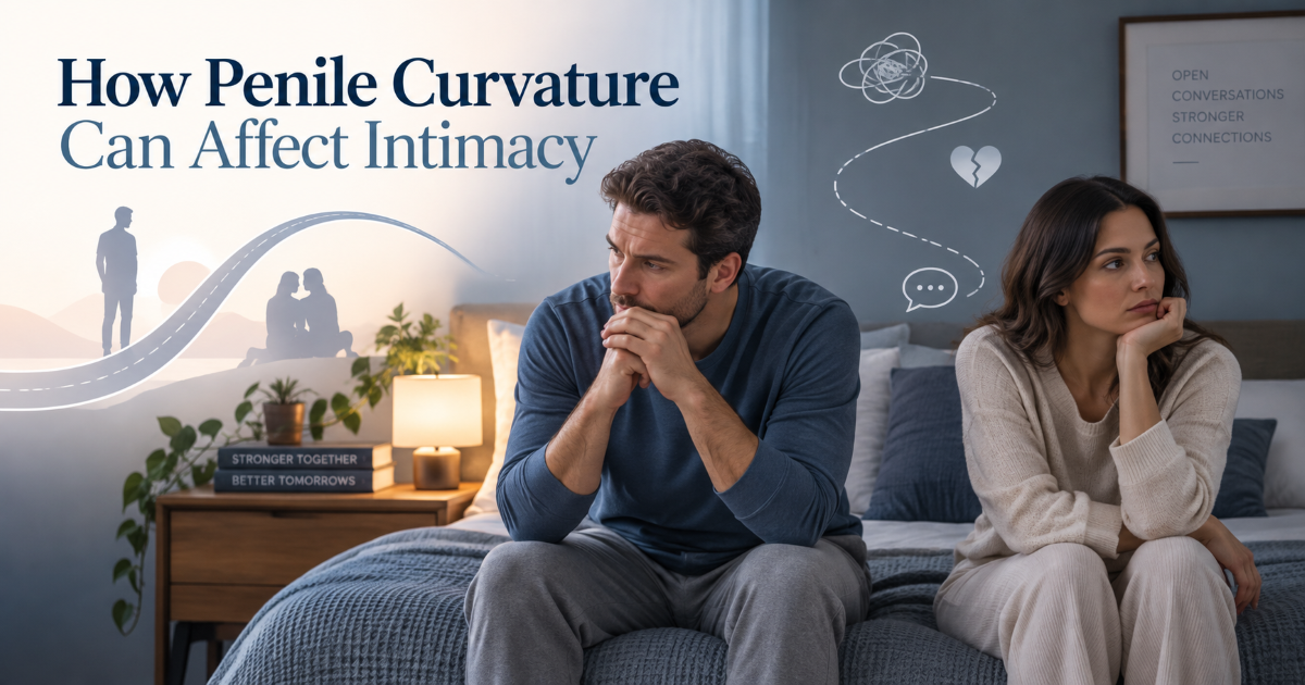Medical illustration showing how penile curvature can affect angle pressure and comfort during intimacy