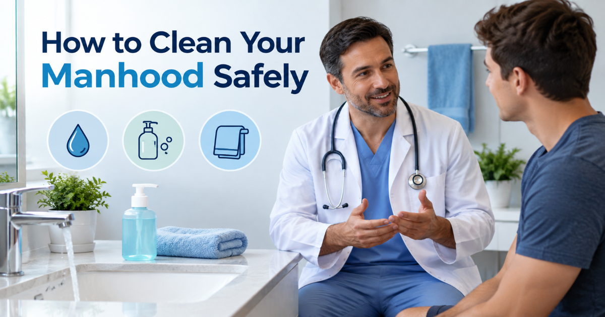 Step-by-step penis cleaning guide with gentle foreskin care and safe washing routine