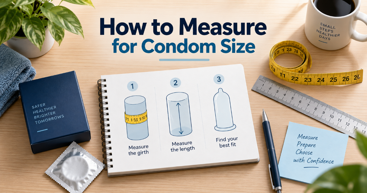 Step by step visual for measuring erect circumference with a soft tape before choosing condom size
