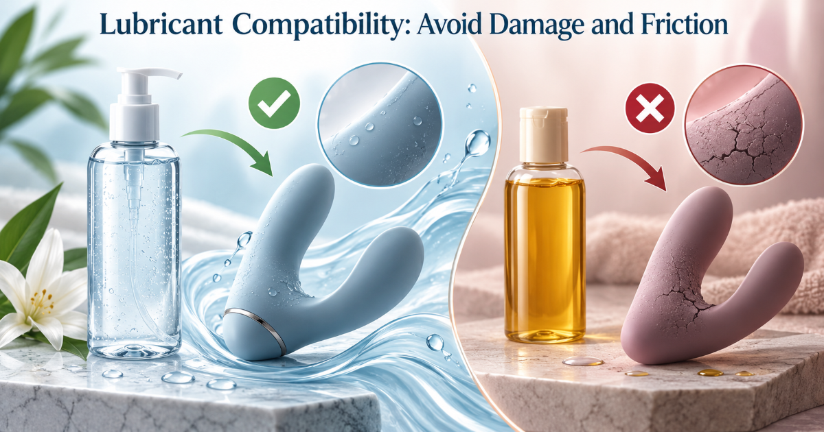 Lubricant compatibility guide for sexual wellness devices including water-based silicone-based and oil-based lubricant cautions