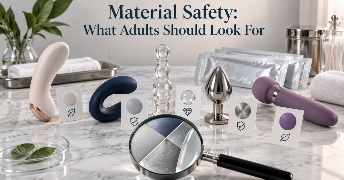 Body-safe material checklist for intimate devices including silicone stainless steel glass and smooth nonporous surfaces