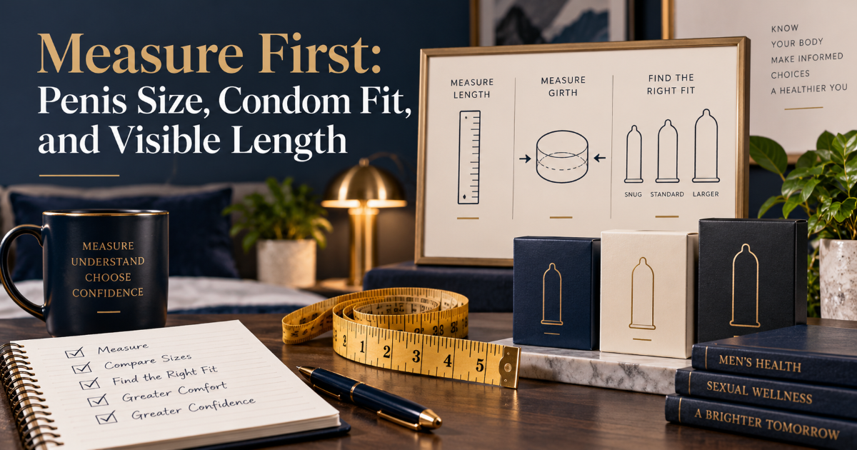 Penis measurement and condom fit guide showing length girth and nominal width concepts
