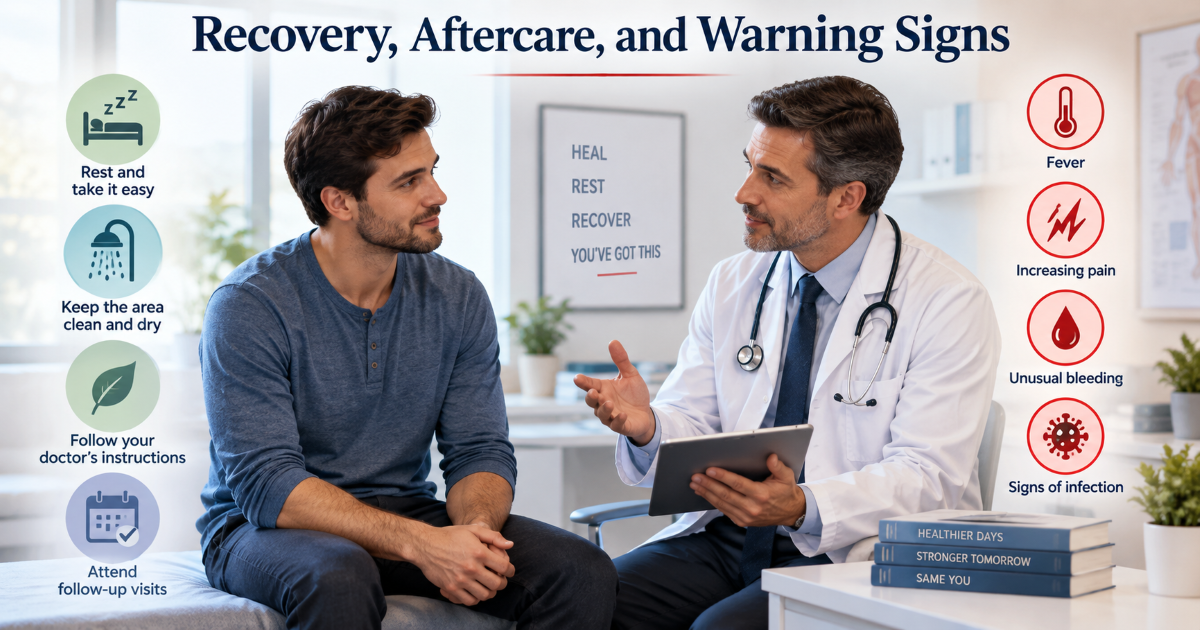 Adult circumcision recovery checklist with wound care swelling pain control and warning signs