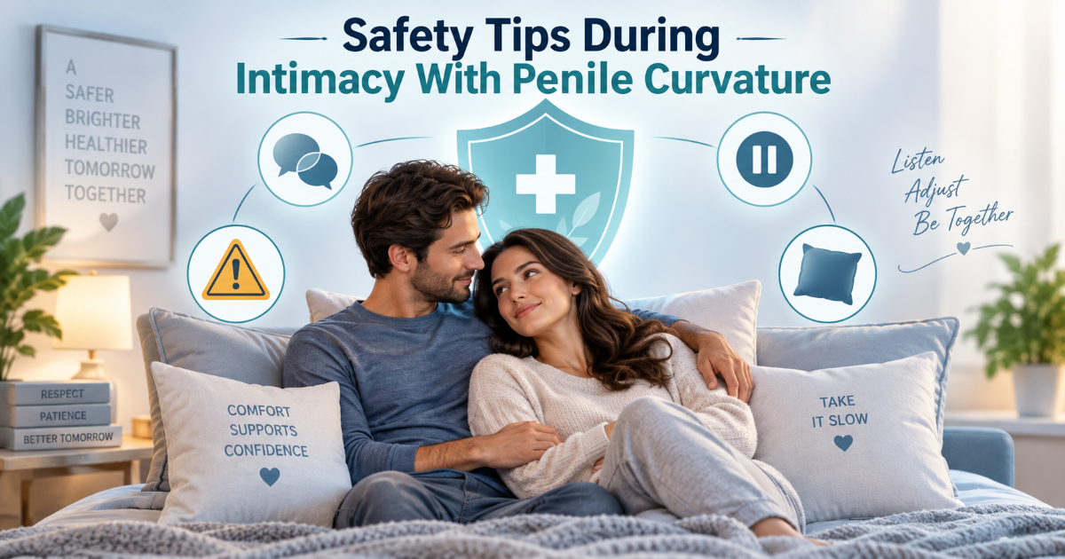 Safety tips for intimacy with penile curvature including lubrication slow pace and stopping when pain occurs