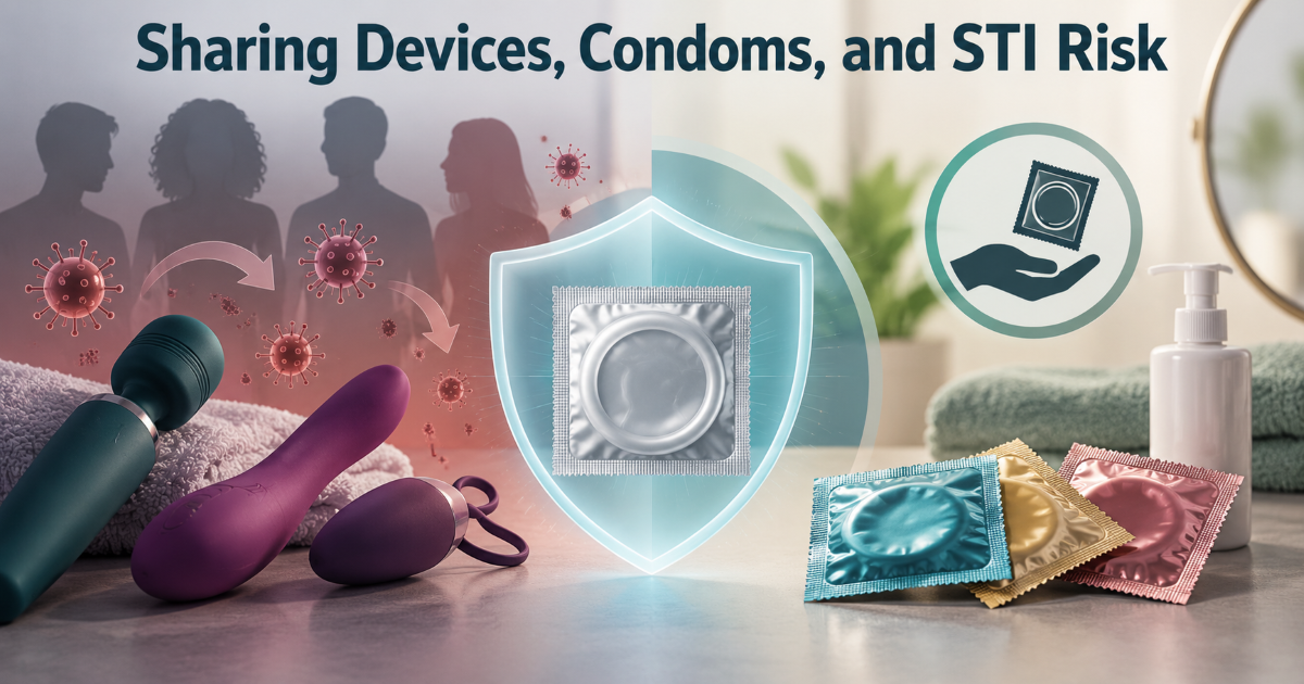 Safer sharing checklist for sexual wellness devices including cleaning new condom barrier and not switching users without hygiene