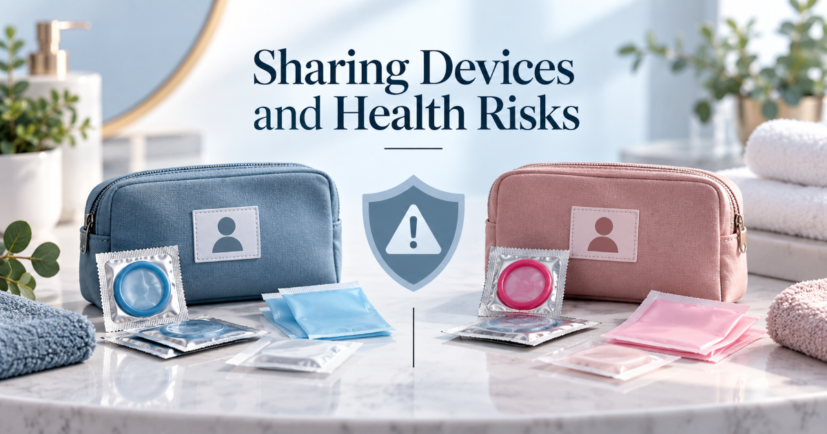 Sharing sexual wellness devices safely with condom barrier protection cleaning between users and STI risk awareness