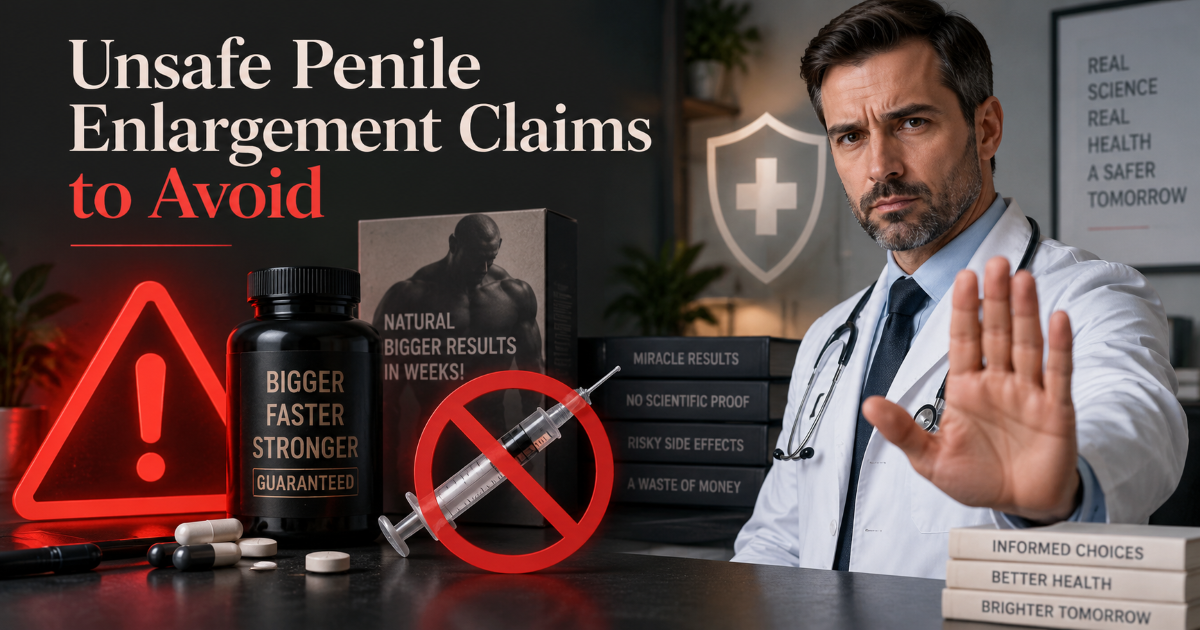 Unsafe penis enlargement methods including unlicensed injections pills and aggressive stretching