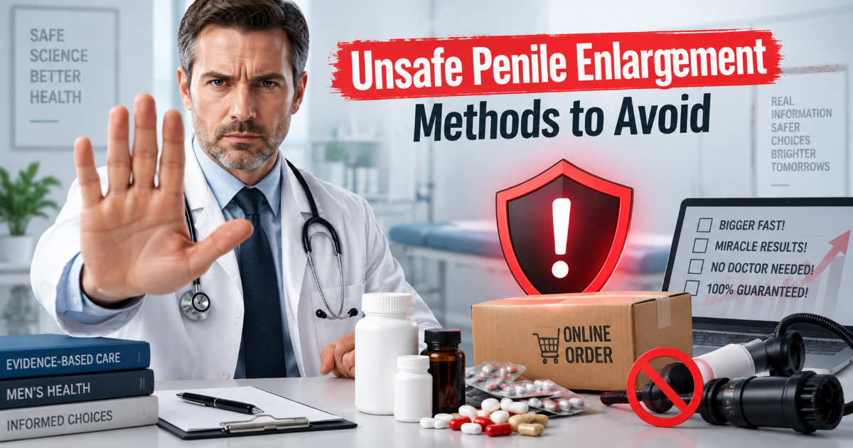 unsafe penile enlargement methods warning including unregulated injections pills supplements and aggressive pumping