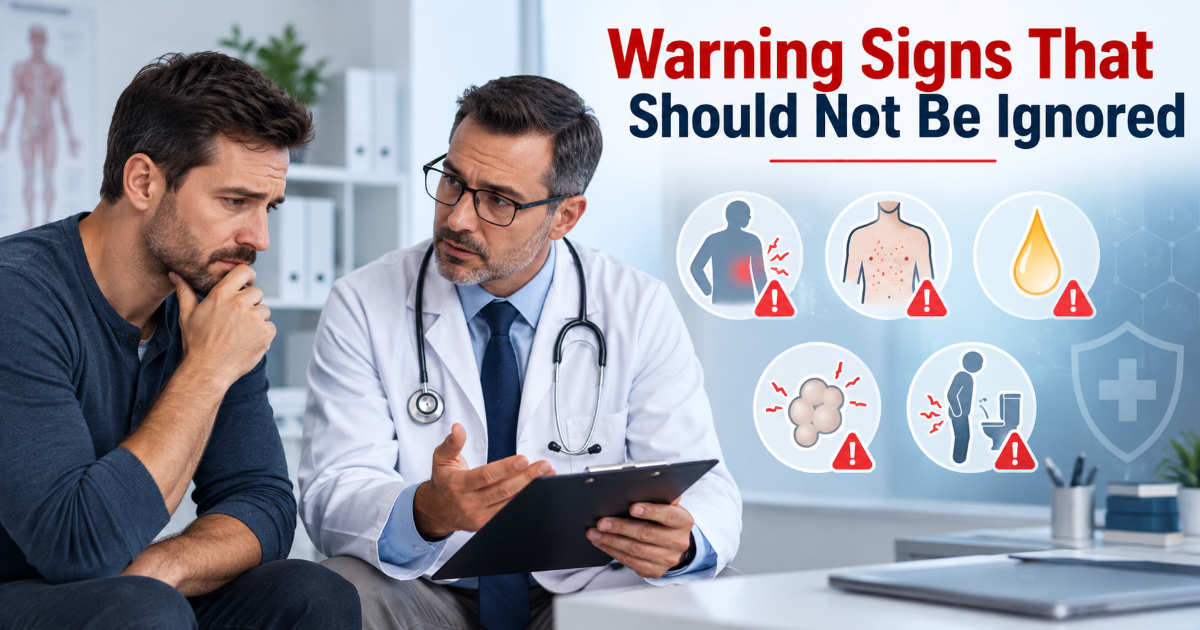 Warning signs for penis health including pain sores discharge swelling urinary symptoms and erection changes