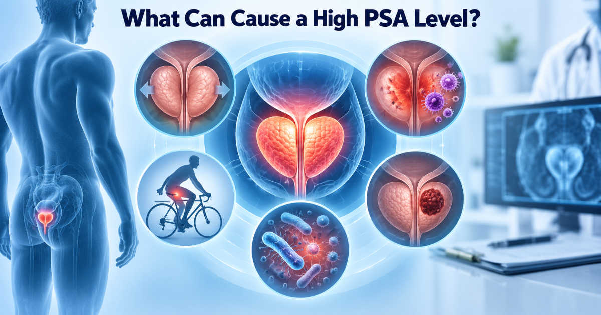 Medical infographic showing possible causes of elevated PSA including enlargement inflammation infection and cancer risk