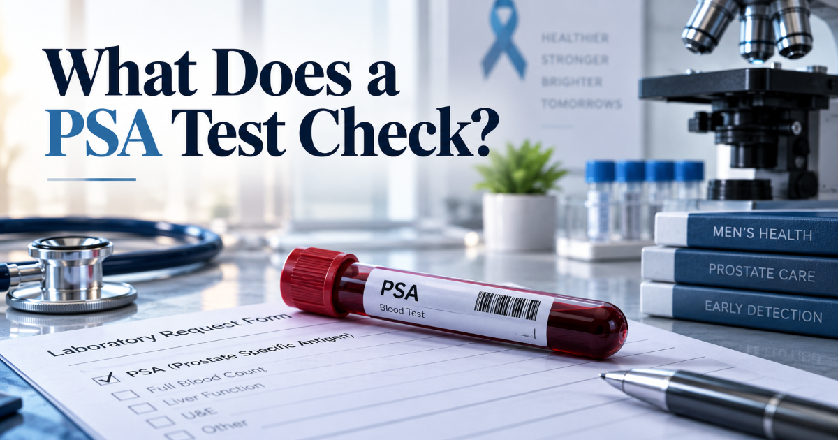 Blood test tube and prostate health checklist showing what a PSA test may help doctors assess