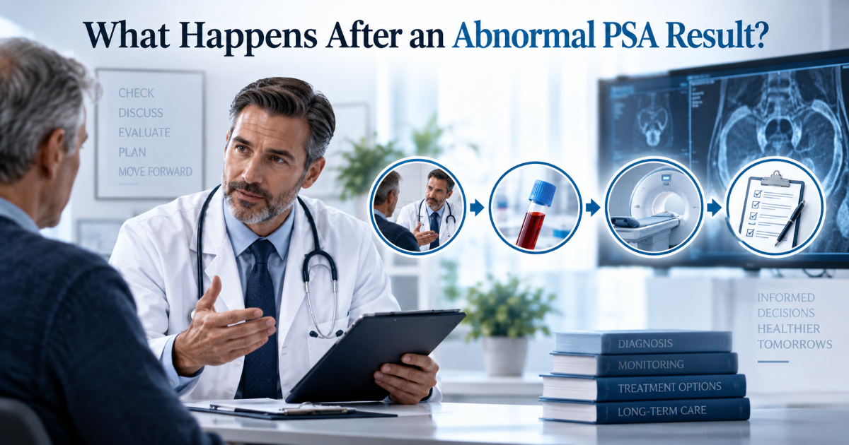 Clinical pathway for abnormal PSA result including repeat test urine test prostate exam MRI and urology referral