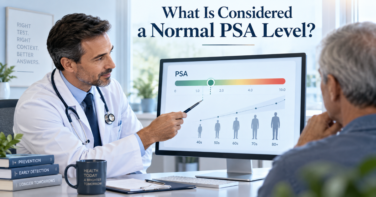 Doctor reviewing PSA result with age symptoms and risk factors instead of using one fixed normal number