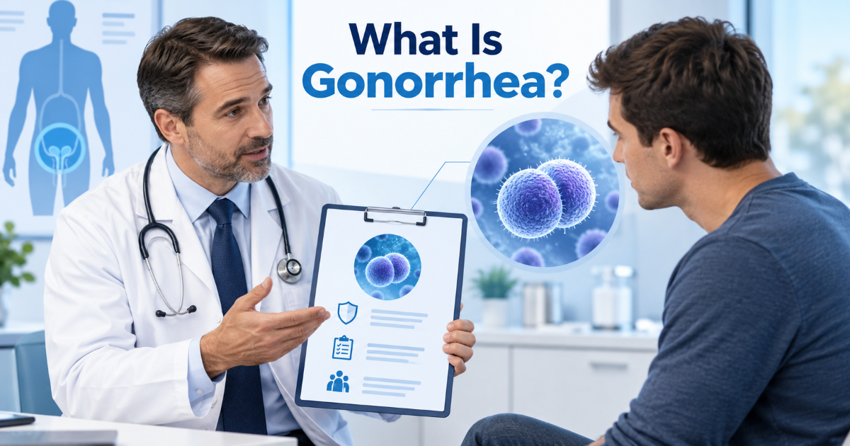 Medical illustration explaining gonorrhea as a bacterial sexually transmitted infection that may affect the urethra throat rectum cervix or eyes