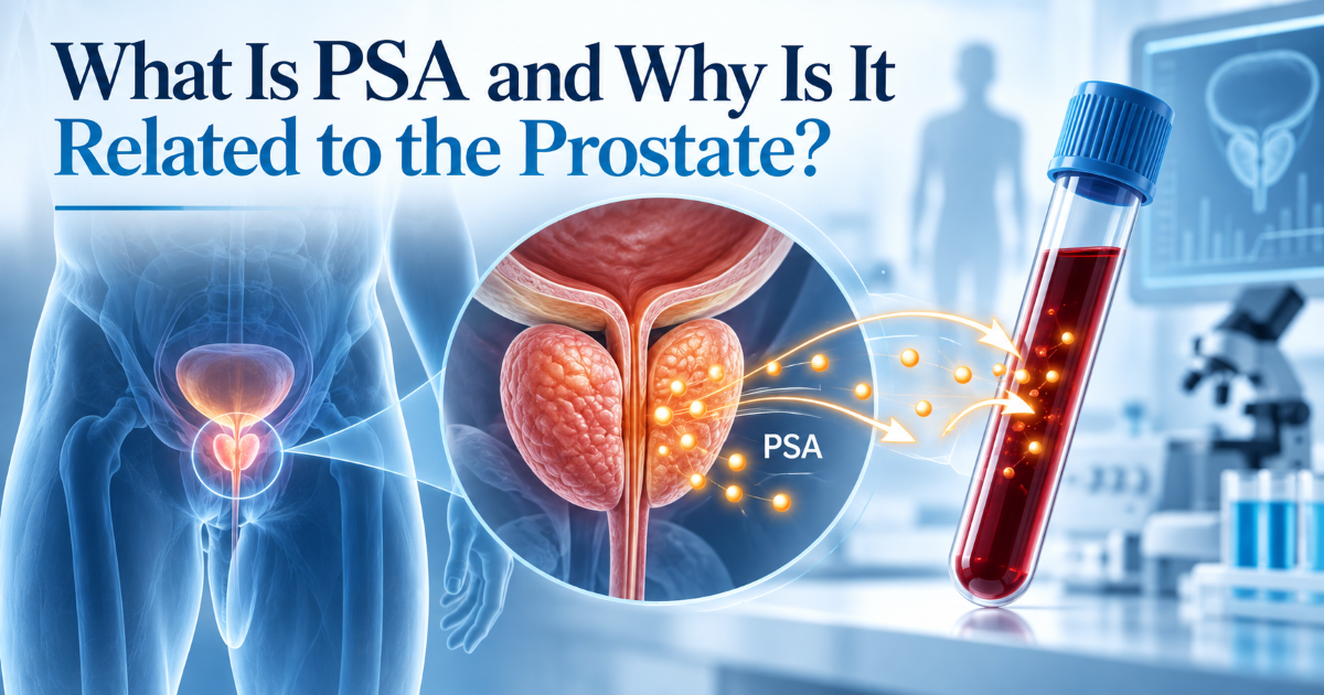 Illustration of the prostate gland and PSA blood test concept for men learning about prostate health