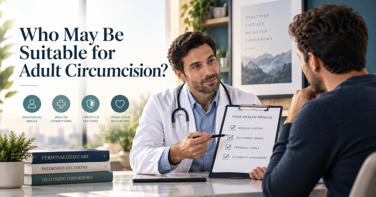 Doctor assessment checklist for adult circumcision candidacy including phimosis balanitis and sexual discomfort