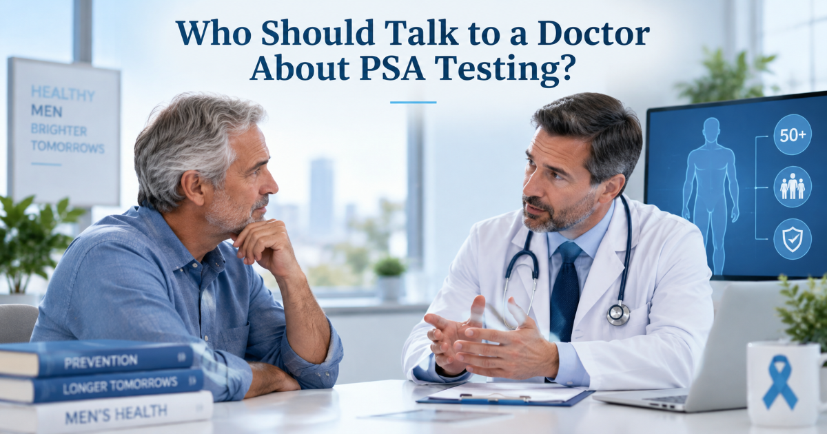 Men discussing PSA testing with a doctor based on urinary symptoms age family history and prostate health concerns