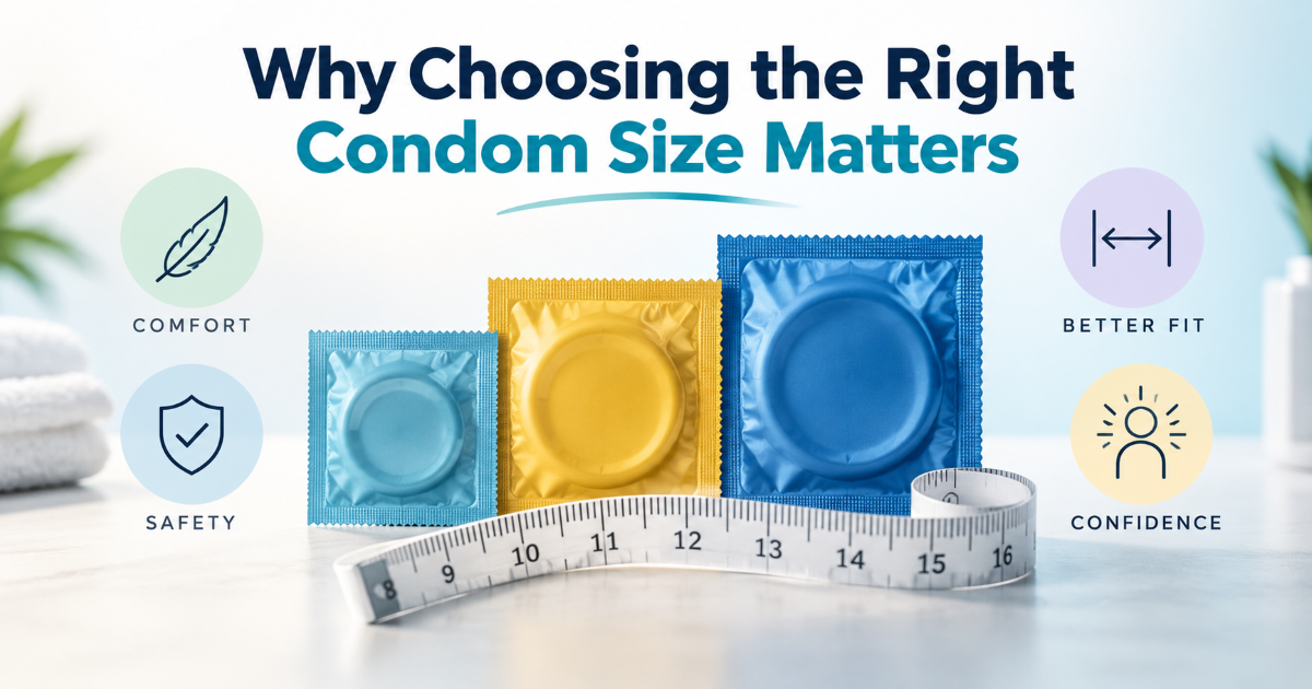 Condom fit guide showing why correct size supports comfort protection and confidence