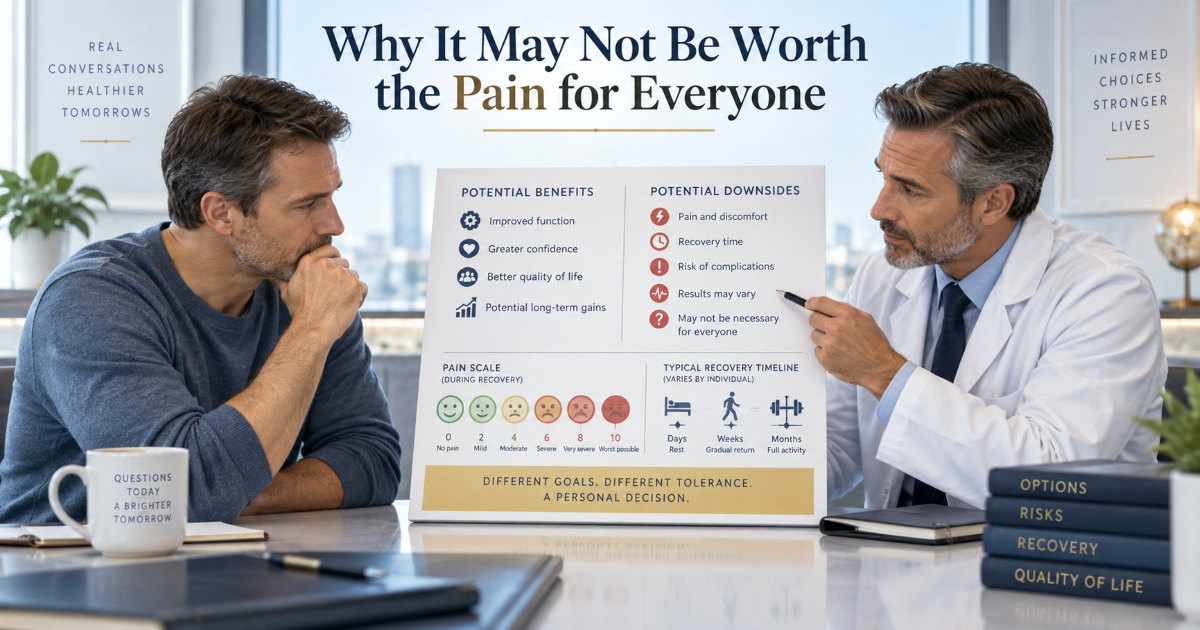 Decision checklist image showing pain recovery scarring predictability and satisfaction factors before penile enlargement