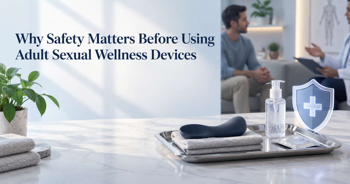 Adult sexual wellness device safety checklist with materials hygiene lubricant and warning signs