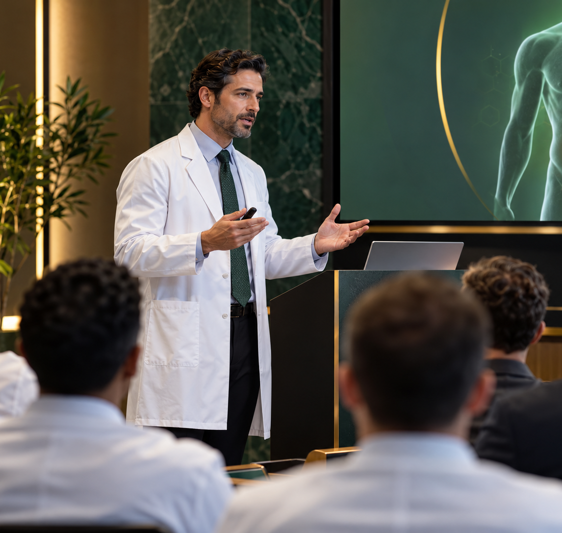 Dr. Beer speaking in a professional medical setting
